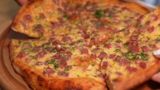 Appetizing Pizza Sausage Chicken Champignon Mushrooms Close Hands Take Slice — Stock Video