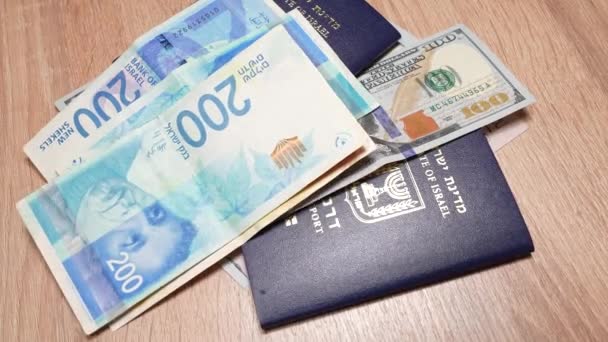 Conceito Viagem Israelense Passaporte Israelita Darkon Shekels Dólares Preparação Para — Vídeo de Stock