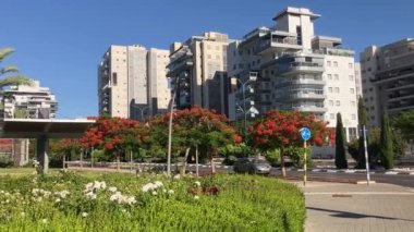 İsrail. Rishon Le Zion 1 Haziran 2024. Çiçekli sokaklar, modern yerleşim alanları. Sokakta kırmızı ağaçlar açıyor. Gayrimenkul yatırımları
