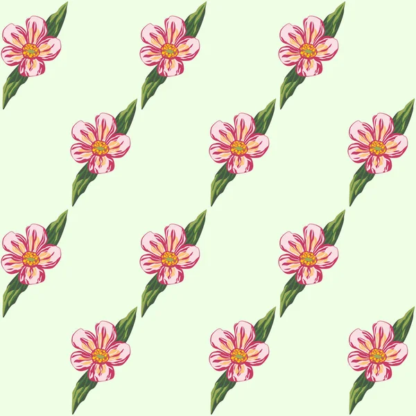 淡緑色の背景に平行に配置された緑の葉を持つピンク赤の花とシームレスなパターン — ストックベクタ