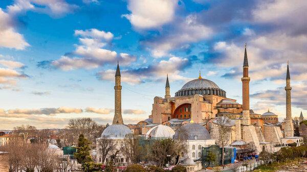 Hagia Sophia domes and minarets in the old town of Istanbul Turkiye, Sultanahmet district in Istanbul, Hagia Sophia Ayasofya in Sultanahmet, Hagia Sophia famed byzantine mosque with dome, Turkey.
