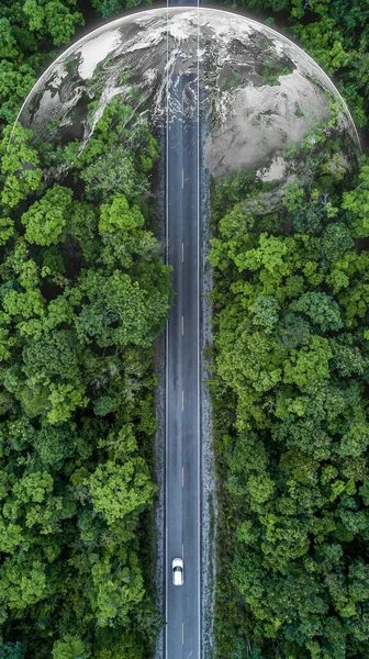 電気自動車は森林を通って行きます 環境のためのEv電気エネルギー 自然エネルギー技術持続可能な開発目標グリーンエネルギー 生態系生態系の健全な環境ロードトリップ — ストック写真