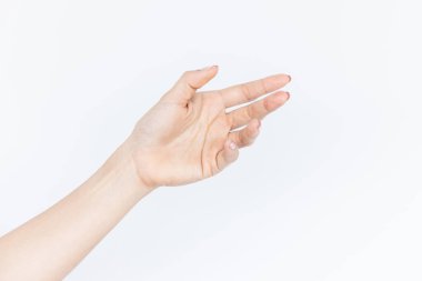 Güzel Asyalı kadın, beyaz arka planda tek başına, beyaz arka planda boş kadın eli, beyaz arka planda kadın eli..