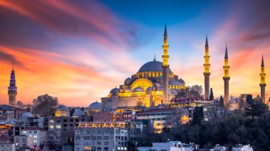 Günbatımında Süleyman Camii Osmanlı Camii, İstanbul Tarihi Camii Türkiye 'nin en popüler turizm beldesi, İstanbul, Türkiye' nin Altın Boynuzu, Türkiye,