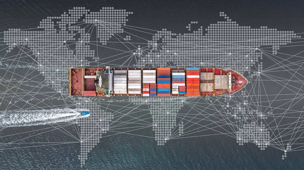 集装箱船全球业务物流进出口货物运输 集装箱船分析 海量数据可视化抽象图形地球仪和图表信息业务 — 图库照片