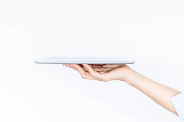 Woman Hand Waitress Holding Empty Digital Tablet Isolated White Background — Stock Photo, Image