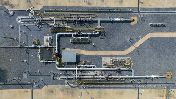 Equipamento Estação Controle Gás Com Vista Superior Aérea Gasoduto Fornecimento — Fotografia de Stock