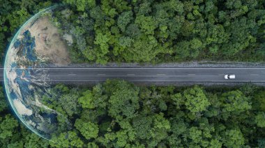 Ormandan geçen elektrikli araç, çevre için EV elektrik enerjisi, sürdürülebilir enerji tahsis hedefleri yeşil enerji, ekosistem sağlıklı çevre yolculuğu
