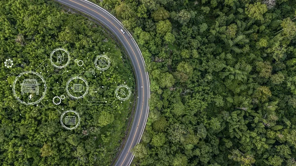 Electric vehicle icon and forest road, EV electrical energy for environment, Nature power technology sustainable devlopment goals green energy, Ecosystem ecology healthy environment road trip