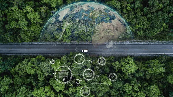 stock image Aerial view green forest and asphalt road, Top view forest road going through forest with car adventure, Ecosystem ecology healthy environment road trip travel.