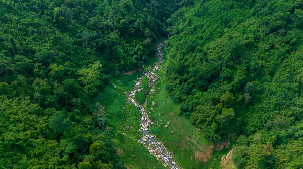 Αεροφωτογραφία Τροπικό Πράσινο Δάσος Και Ποτάμι Βουνά Στο Παρασκήνιο Πράσινο — Φωτογραφία Αρχείου