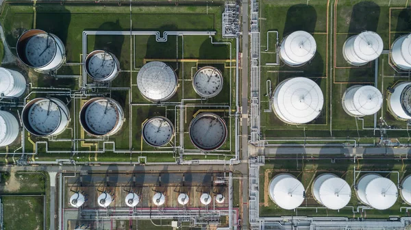 Aerial view liquid chemical tank terminal, Storage of liquid chemical and petrochemical products tank, Oil and gas storage tanks at industrial oil refinery.