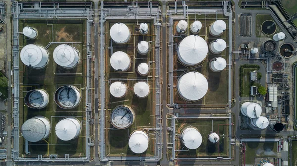 Aerial view liquid chemical tank terminal, Storage of liquid chemical and petrochemical products tank, Oil and gas storage tanks at industrial oil refinery.