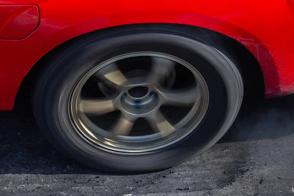 Close Car Wheel Smoke Asphalt Road Speed Track Car Wheel — Stock Photo, Image