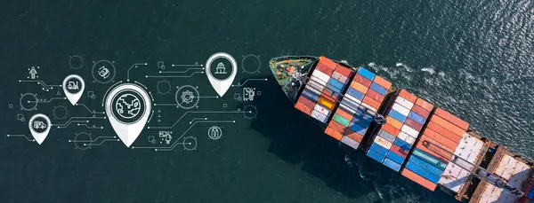 Luftbild Containerfrachtschiff Seefrachtcontainer Global Business Import Export Logistik Frachtschifffahrt Transport Stockfoto