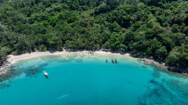 Muz manzaralı muz plajı uzun kuyruklu teknesi ve muz plajında palmiye ağacı olan beyaz tropikal plaj muz sahilinde temiz su bulunan tropik plaj, Phuket, Tayland.