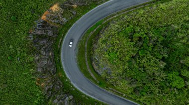 Dağ yolundaki yeşil ormandan geçen hava manzaralı yol yeşil ormandan geçen asfalt yolda giden araba yukarıdan geçen kıvrımlı yol..
