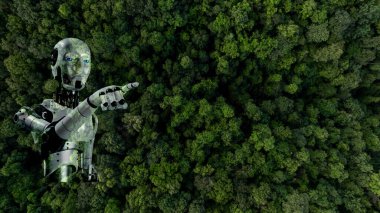 Yeşil orman ortamı, robotik yeşil teknoloji ve çevre teknolojisine sahip yapay zeka ve teknolojiye sahip yapay zeka ve teknolojiye sahip yapay zeka, dünyayı ve ekosistemi koruyan yapay zeka robotu..