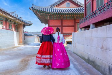 Kore 'nin geleneksel elbiseli kadını Hanbok Gyeongbokgung Sarayı, Seul, Güney KKrea' da, Kore ulusal elbisesi Gyeongbokgung Sarayı 'nda, genç Asyalı kadın gezgin Gyeongbokgung Sarayı' nda.