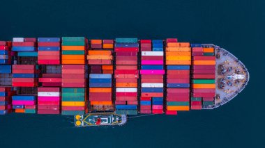 Hava görüntüleme konteynırı kargo gemisi, Deniz taşımacılığı küresel iş sektörü ihracat lojistik nakliye konteynır konteynır gemisi, konteyner kargo gemisi ticari kargo taşımacılığı endüstrisi.