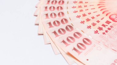 Tayvan doları NTD para banknotları para birimi, Tayvan para banknotları beyaz arka plan, Tayvan dolar nakit para para para para, kopyalama alan.
