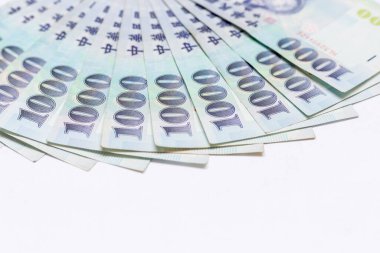 Tayvan doları NTD para banknotları para birimi, Tayvan para banknotları beyaz arka plan, Tayvan dolar nakit para para para para, kopyalama alan.