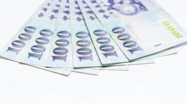 Tayvan doları NTD para banknotları para birimi, Tayvan para banknotları beyaz arka plan, Tayvan dolar nakit para para para para, kopyalama alan.