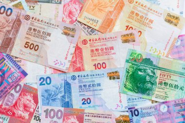 Hong Kong Doları para para birimi beyaz fon, Hong Kong banknotları HKD para birimi finans ve iş, Hong Kong nakit para para para kaynağı fotokopi alanı ile.