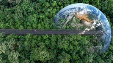 EV elektrikli araç orta yeşil ağaç orman yolu dünya gezegeni, EV elektrikli araç alternatif sürdürülebilir enerji eko gücü, yeşil iş ekosistemi ortamı.