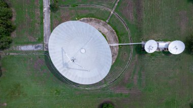 Hava görüntüsü uydu anteni dünya iletişim antenleri merkez istasyonu, yer istasyonundaki uydu çanakları, uydu iletişimi için çanak alıcıları..