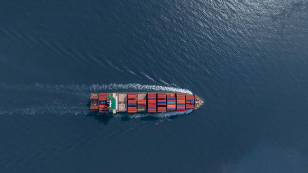 Aerial view container cargo ship freight shipping international, Global business freight shipping import export logistic transportation container ship, Container cargo ship sea freight container ship.