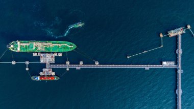 Hava görüntüsü lpg tanker gemisi petrol terminali rafinerisinde yükleme ve boşaltma, Global iş ithalat lojistik ihracat deniz nakliyat kargo lpg tanker gemisi, limanda LPG tanker gemisi, sıvılaştırılmış petrol gaz.