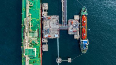 Hava görüntüsü lpg tanker gemisi petrol terminali rafinerisinde yükleme ve boşaltma, Global iş ithalat lojistik ihracat deniz nakliyat kargo lpg tanker gemisi, limanda LPG tanker gemisi, sıvılaştırılmış petrol gaz.