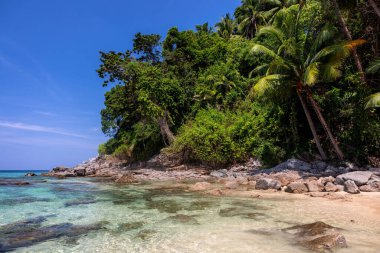 Phuket adasındaki Kata Sahili 'nde turkuaz deniz manzaralı çok güzel bir sahil..