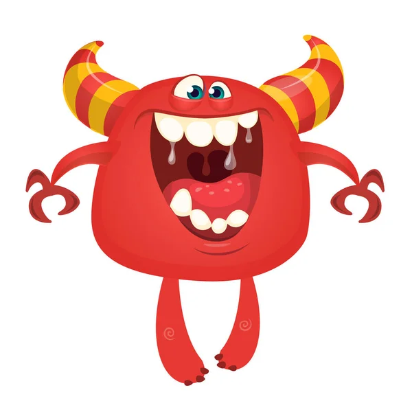 Nettes Cartoon Monster Lächelt Vektorillustration Des Lustig Aufgeregten Roten Monsters — Stockvektor
