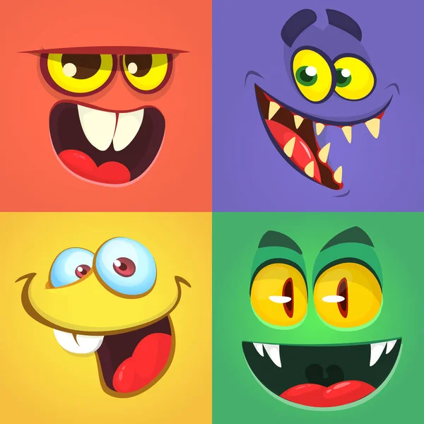 Cartoon Monstres Visages Réglés Collection Vectorielle Quatre Avatars Monstre Halloween — Image vectorielle