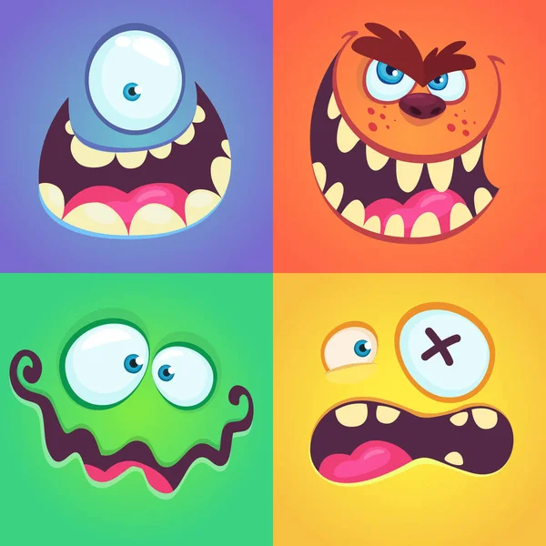 Cartoon Monstres Visages Réglés Collection Vectorielle Quatre Avatars Monstre Halloween — Image vectorielle