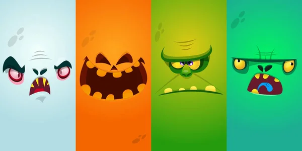 Cartoon Monster Gezichten Ingesteld Vector Collectie Van Vier Halloween Monster — Stockvector