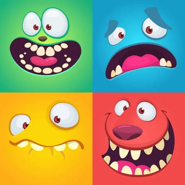 卡通怪物的脸设置 四个面部表情不同的万圣节怪兽神像的病媒收集 — 图库矢量图片