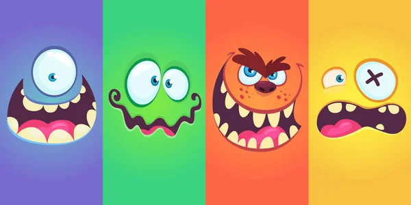 Cartoon Monster Gezichten Ingesteld Vector Collectie Van Vier Halloween Monster — Stockvector