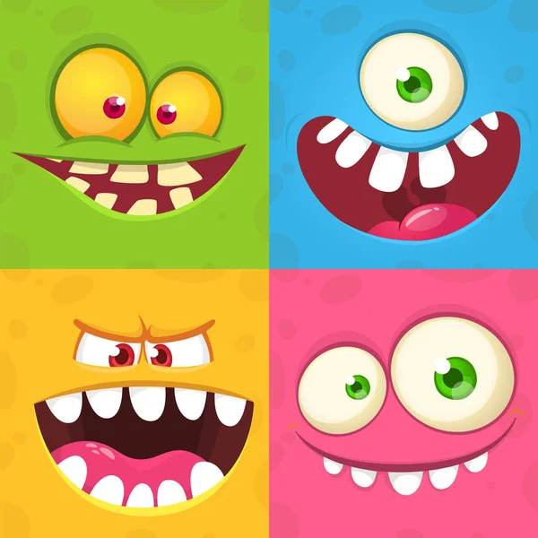 Caras Monstruo Dibujos Animados Colección Vectorial Cuatro Avatares Monstruo Halloween — Vector de stock