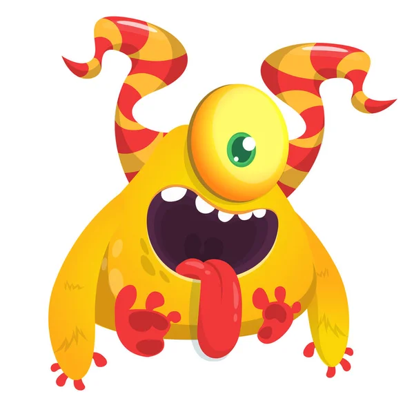 Cute Cartoon Monster Horns One Eye Smiling Monster Emotion Big — Stock Vector