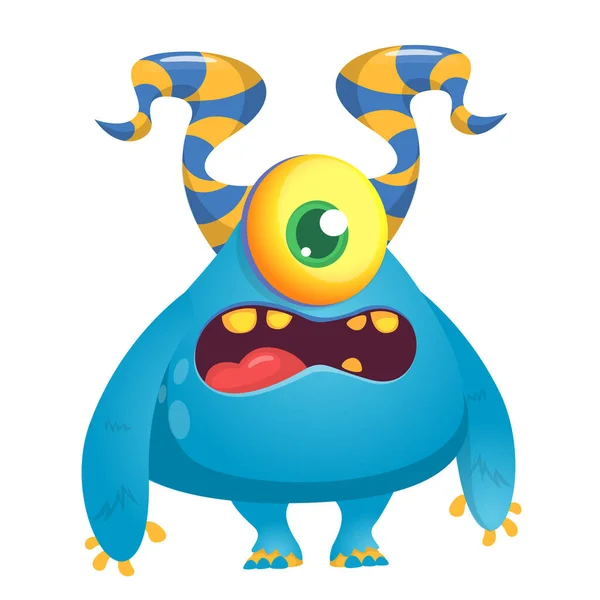 Angry Cartoon Monster Horns One Eye Smiling Monster Emotion Big — Stock Vector