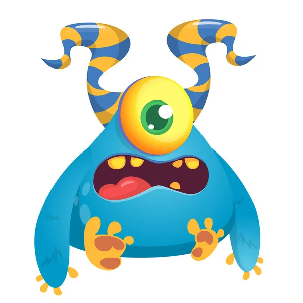 Angry Cartoon Monster Horns One Eye Smiling Monster Emotion Big — Stock Vector