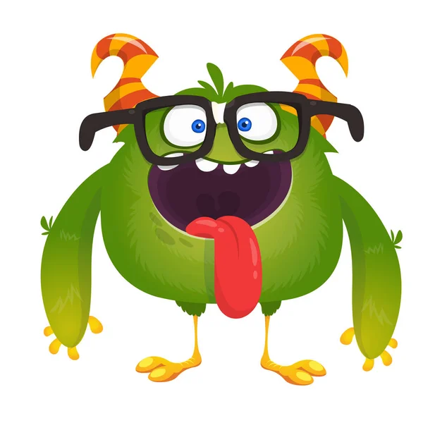 Cartoon Green Monster Eyeglasses Showing Tongue Vector Illustration — Stock Vector