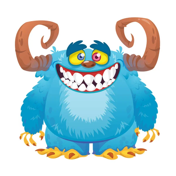 Grappig Cartoon Blauw Harig Monster Met Brede Glimlach Vectorillustratie — Stockvector