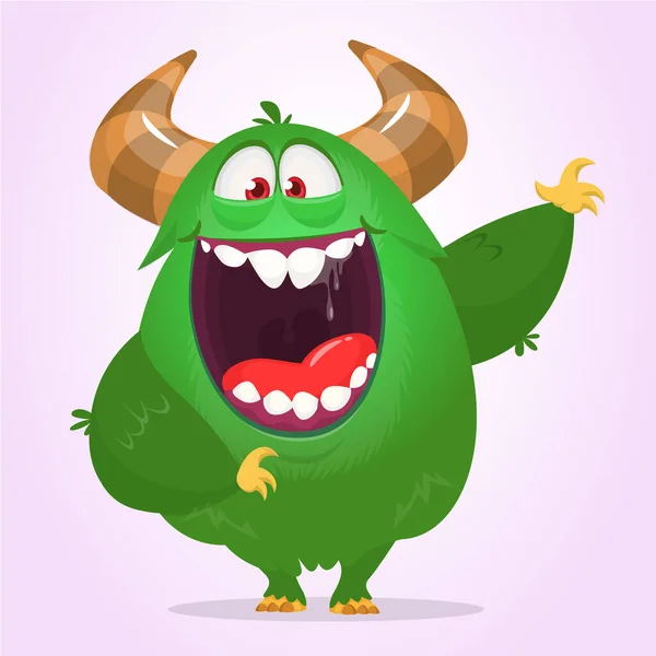 Cute Excited Cartoon Green Monster Waving Vector Halloween Illustration — Stock Vector