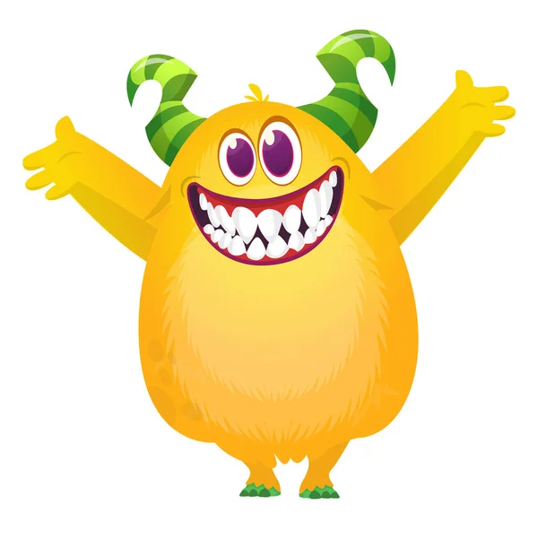 Funny Cartoon Yellow Excited Monster Waving Hands Vector Halloween Illustration — Stock Vector