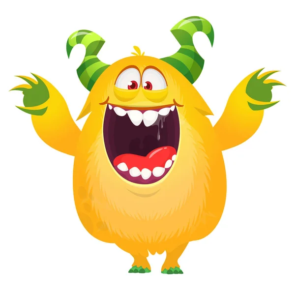 Vtipné Kreslené Žluté Vzrušené Monstrum Mávající Rukama Vektorová Ilustrace Halloween — Stockový vektor
