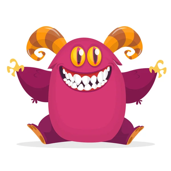 Lustige Cartoon Lila Monster Sitzen Und Winken Vektorgrafik Halloween — Stockvektor